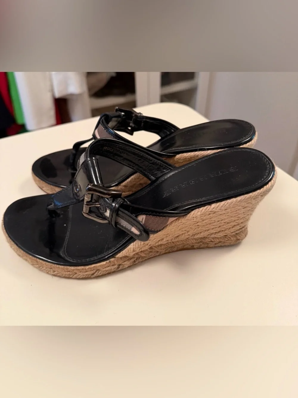 Burberry Wedge Sandals |Black Patent Leather Nova Check Strap Espadrille Size 8 - Picture 8 of 10